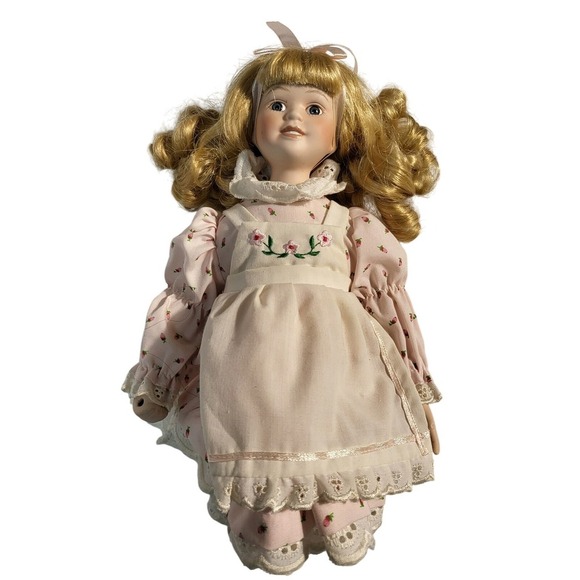 Royalton collection Porcelain‎ Doll Blonde Curly Hair Blue Eyes Pink Dress - Picture 5 of 9